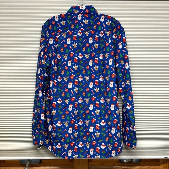 Simon Banks NWT Blue Christmas Print Holiday Long Sleeve Button Down Shirt - Picture 4 of 8